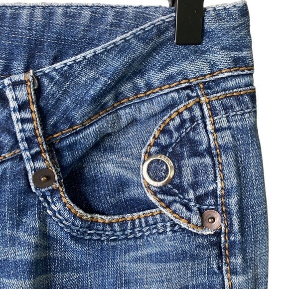 Blue Tattoo Low Rise Bootcut Distressed Jeans Big Stitch Embroidered Rose Logo - Picture 4 of 16